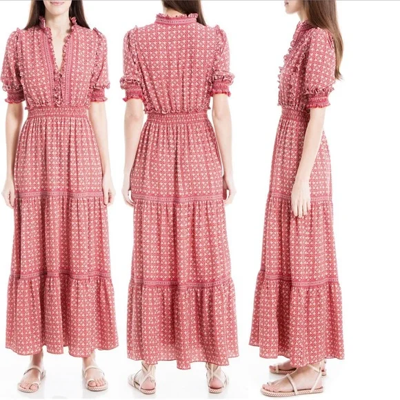 chinese dress ladies Max Studio Women's Long Sleeve V Neck Tiered Maxi Dress, Cream/Pink Floral  Clover Field, Large at Amazon Women's Clothing store